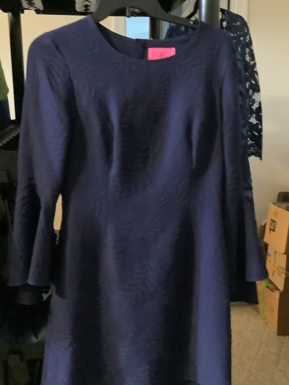 Lilly Pulitzer Navy Blue Textured Midi Dress, bell sleeves